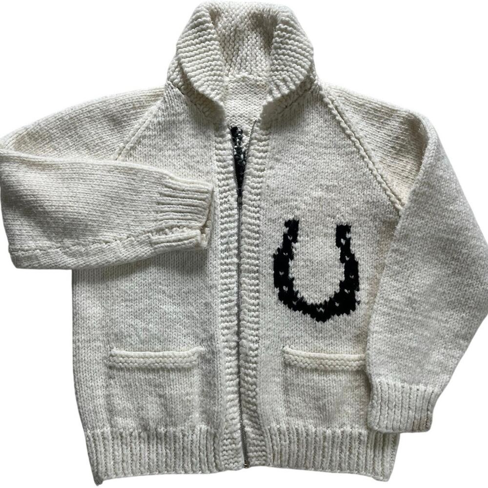 Vintage 60s 70s Cowichan Equestrian Cardigan Horse Sweater Western Rancher - Picture 2 of 7